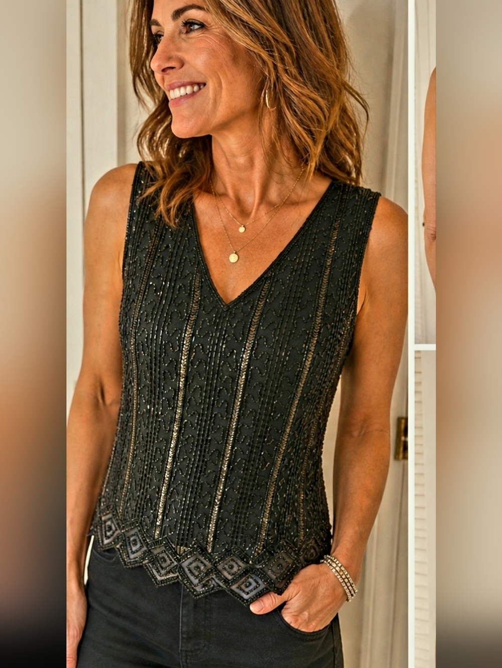 Vintage Silk Beaded Art Deco Top Papell Boutique Evening Black. Size Small